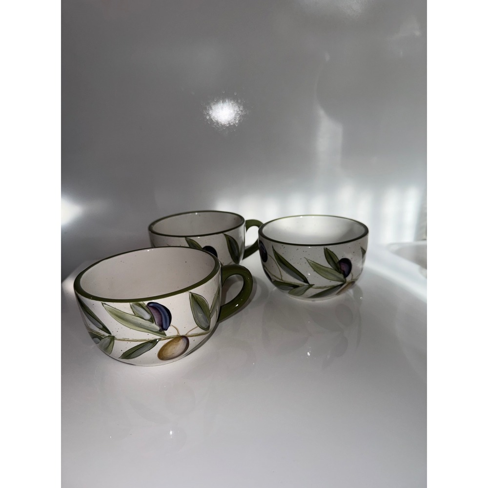 Pier 1 Sorrento Olive Branch Soup Mugs Set of 3 Earthenware Green Purple Cream